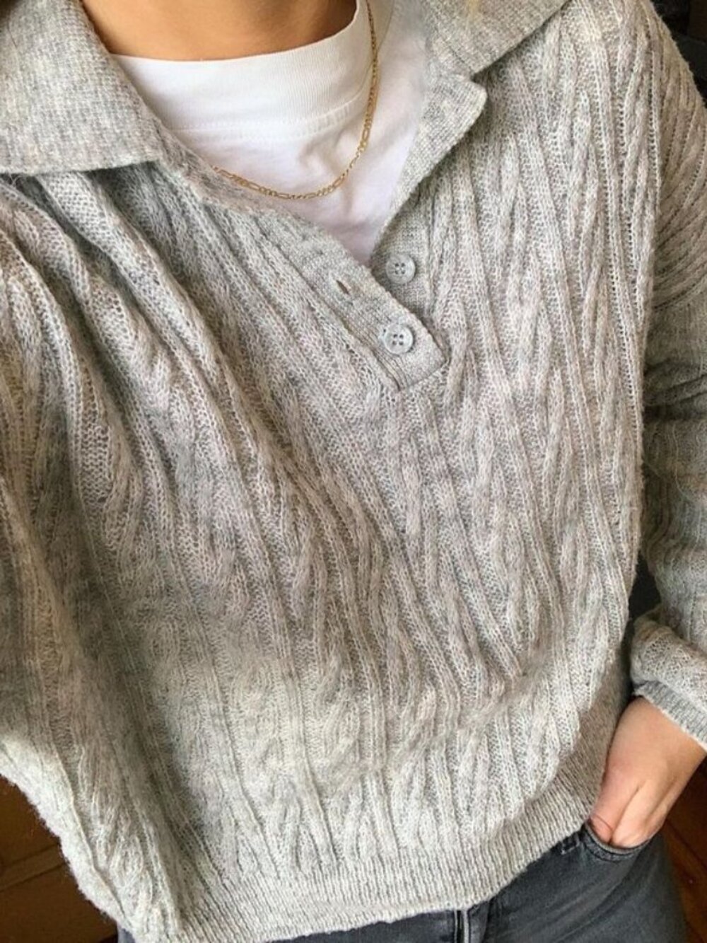 Mango Heather Gray Cropped Cable-Knit Polo Sweater oversized